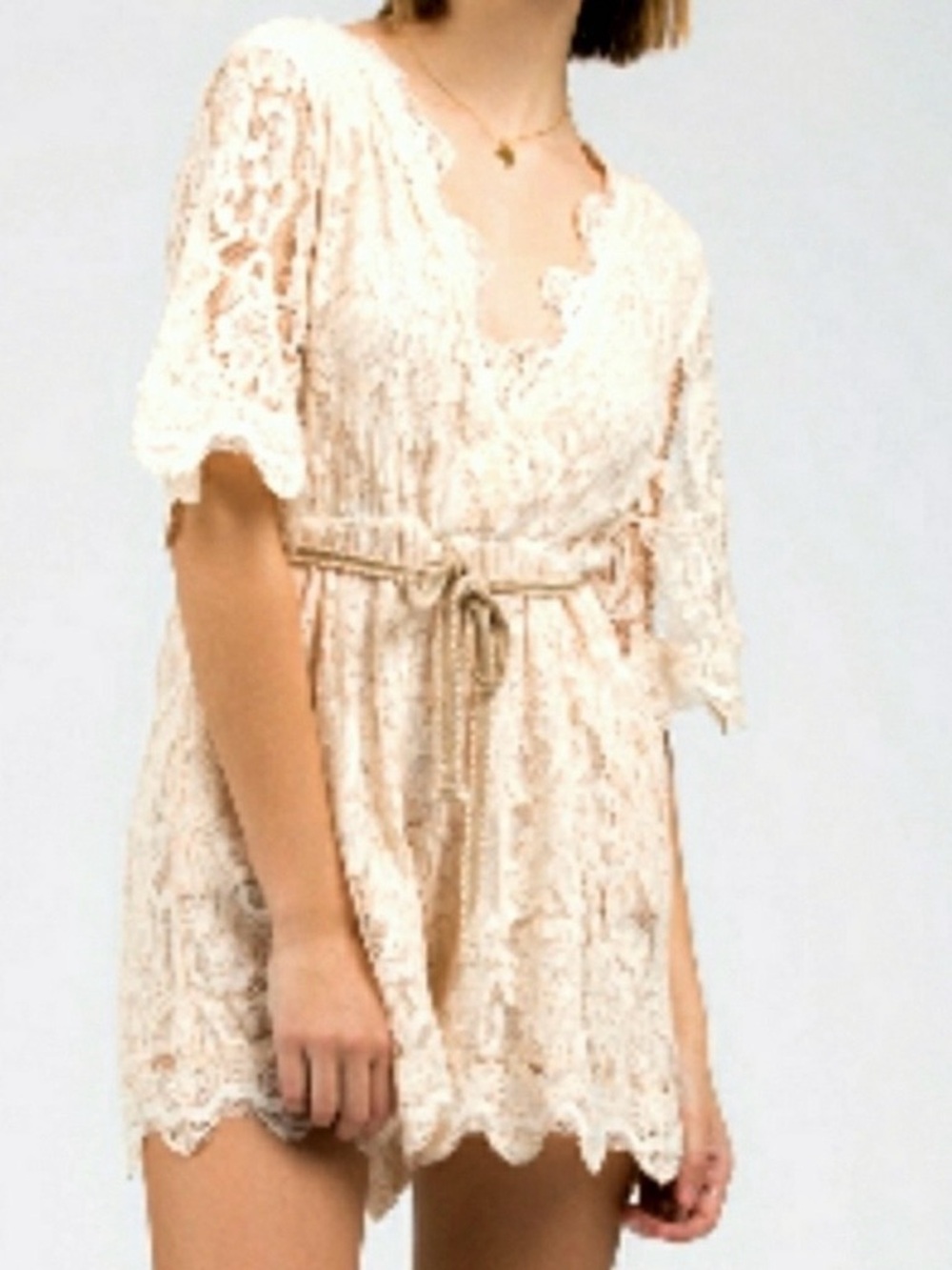 Last One! POL Lace Romper Gorgeous! Deep V Neck Bell Sleeves - Picture 8 of 8